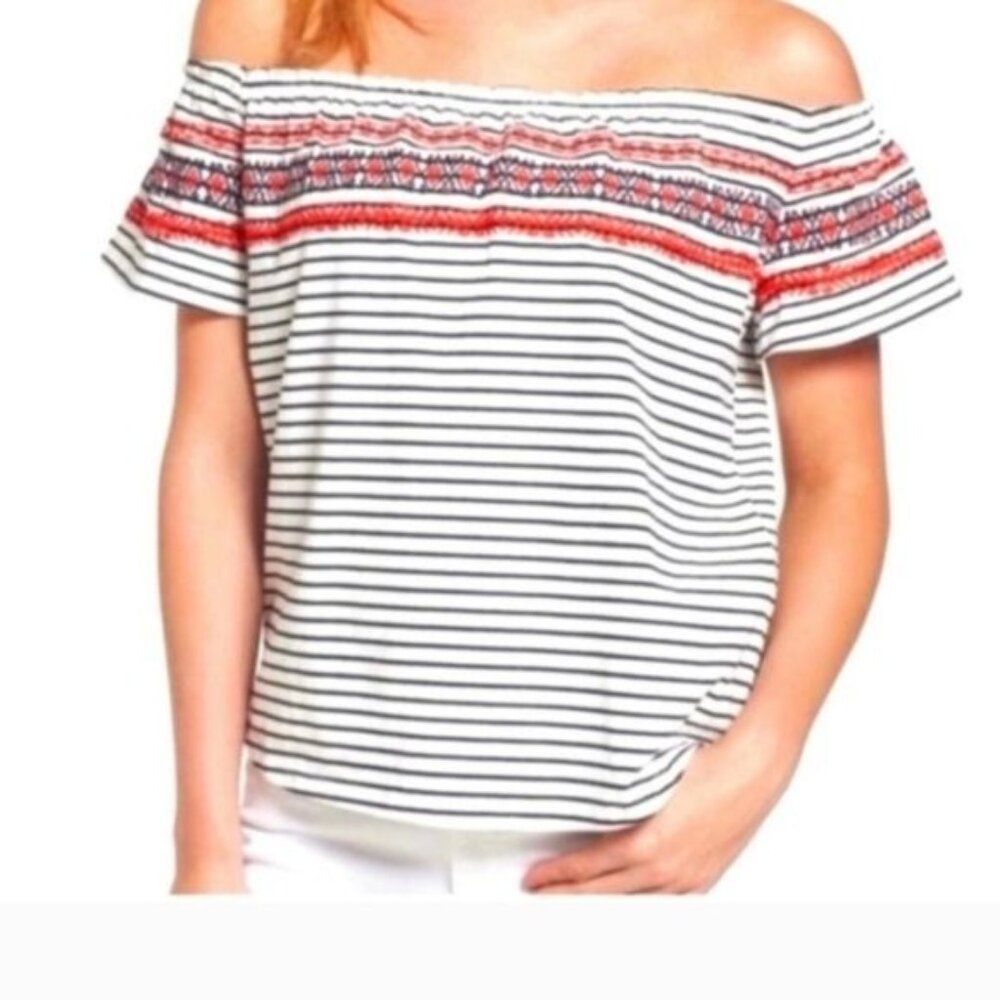THML Anthropologie Top Off Shoulder Blue White Striped Stripes Large Red Boho